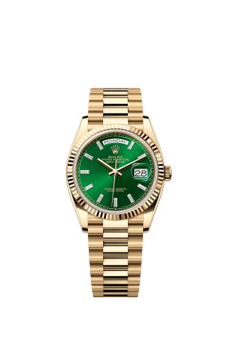 Rolex Day-Date 36 Yellow Gold / Fluted / Bright Green - Baguette / President (128238-0130) · illustrated reference 128238-0130
