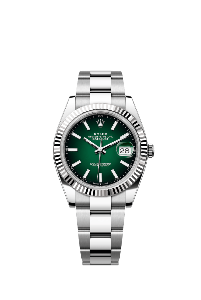 Datejust 41, Oyster, 41 mm, Oystersteel and white gold, Dial : Green ombré, Rolex · illustrated reference 126334-0033
