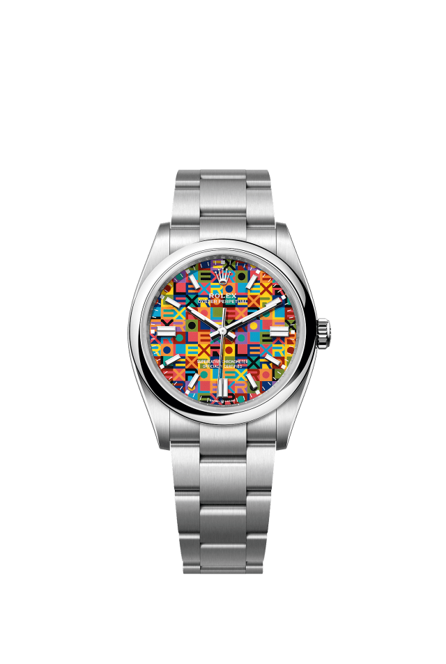 Oyster Perpetual 36, Oyster, 36 mm, Oystersteel, Dial : Multicoloured, Jubilee motif, Rolex