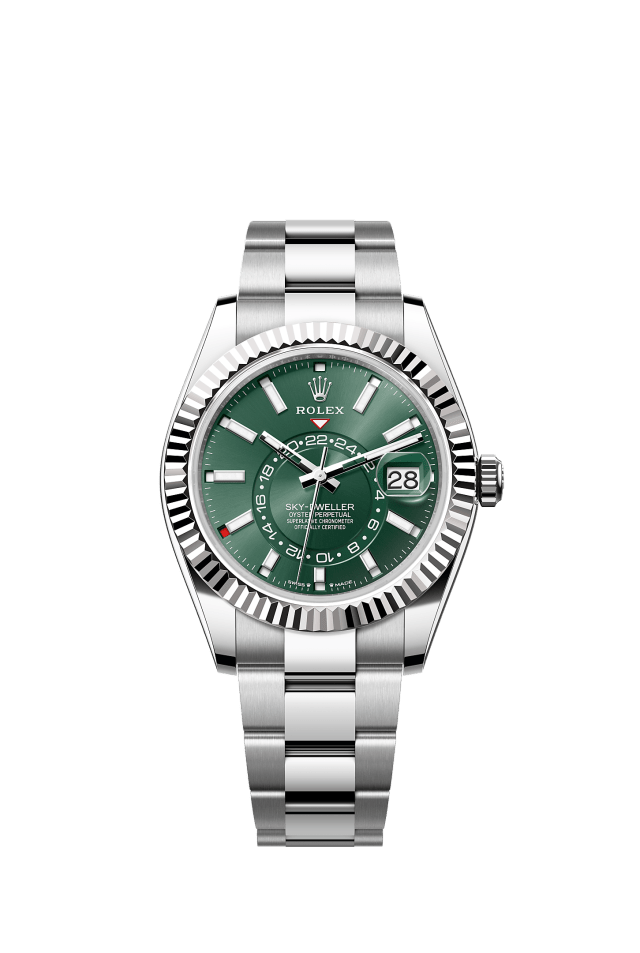 Sky-Dweller, Oyster, 42 mm, Oystersteel and white gold, Dial : Mint green, Rolex · illustrated reference 336934-0001
