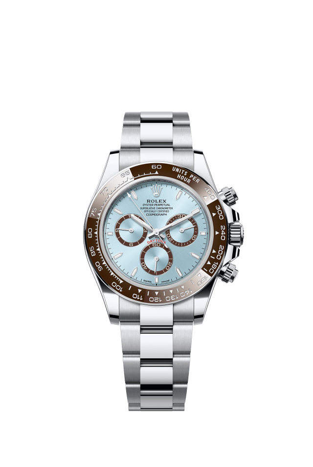Cosmograph Daytona, Oyster, 40 mm, platinum, Dial : Ice blue, chestnut brown counter rings, Rolex · illustrated reference 126506-0001