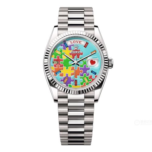 Rolex Day-Date 36 White Gold - Fluted / Emoji Puzzle (128239-0056) · illustrated reference 128239-0056