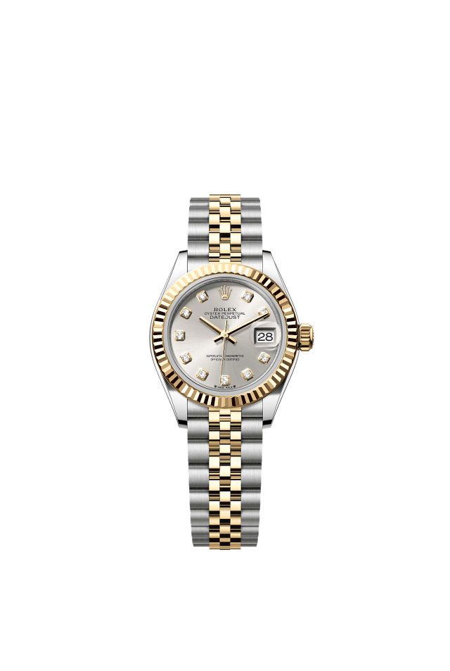 Lady-Datejust, Oyster, 28 mm, Oystersteel and yellow gold, Dial : Silver set with diamonds, Rolex · illustrated reference 279173-0007