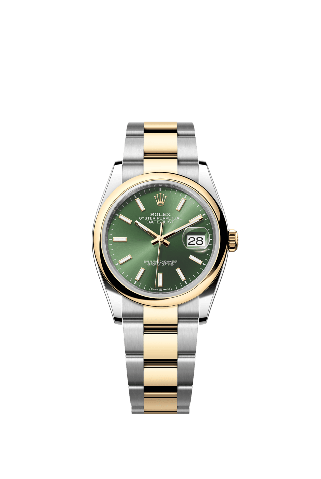 Datejust 36, Oyster, 36 mm, Oystersteel and yellow gold, Dial : Olive green, Rolex · illustrated reference 126203-0058