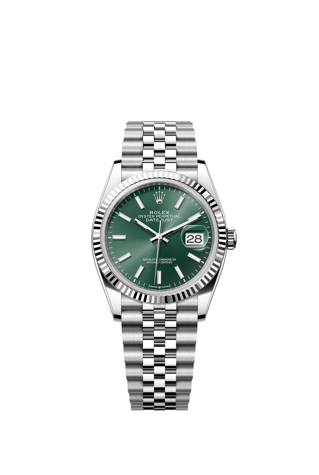 Datejust 36, Oyster, 36 mm, Oystersteel and white gold, Dial : Mint green, Rolex · illustrated reference 126234-0051